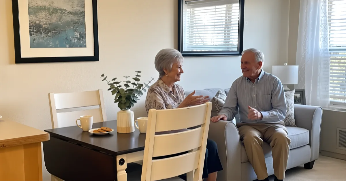 Gardens at Columbine residents talking in a furnished apartment sitting area.