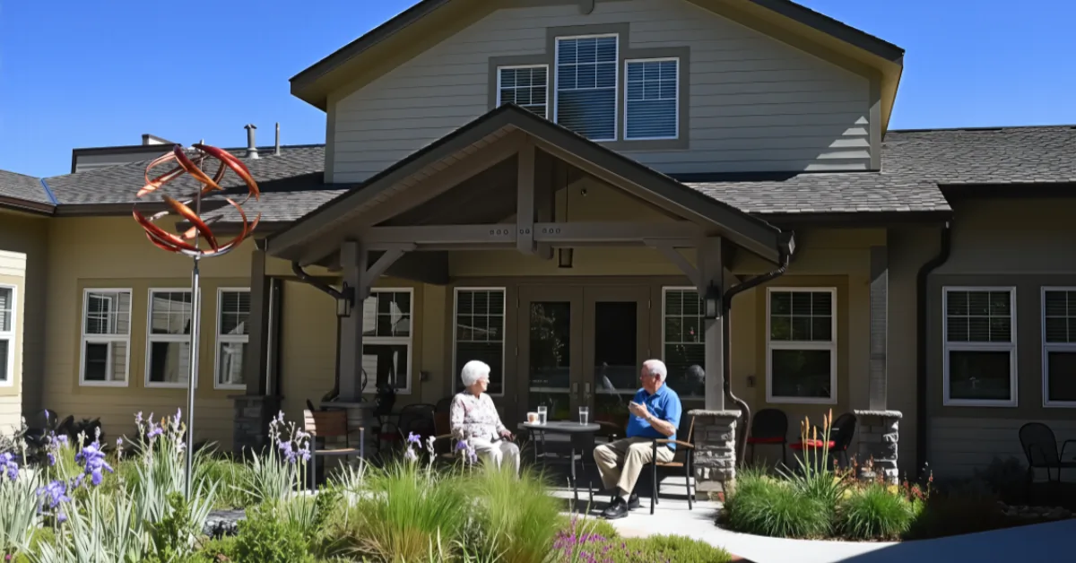 Gardens at Columbine residents seated on the patio outside a community entrance.