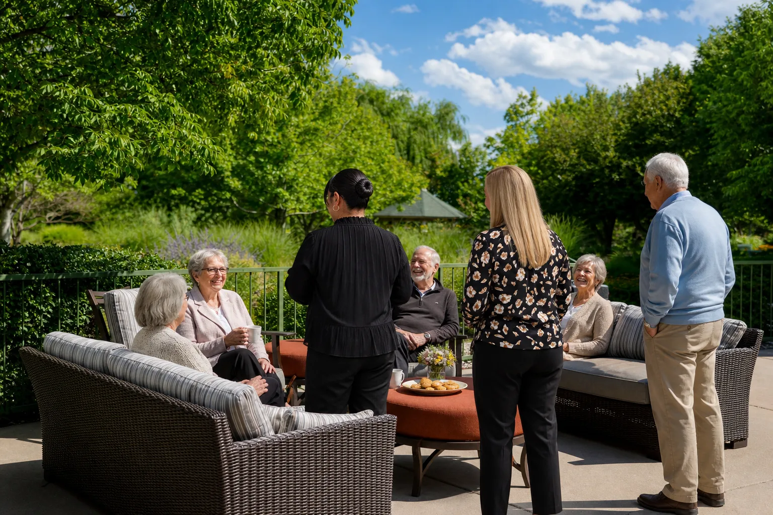 Gardens at Columbine team members connecting with residents during a patio gathering