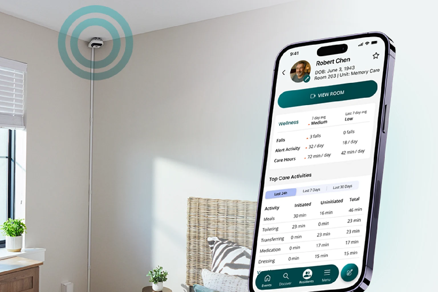 SafelyYou bedroom sensor and mobile resident safety dashboard.