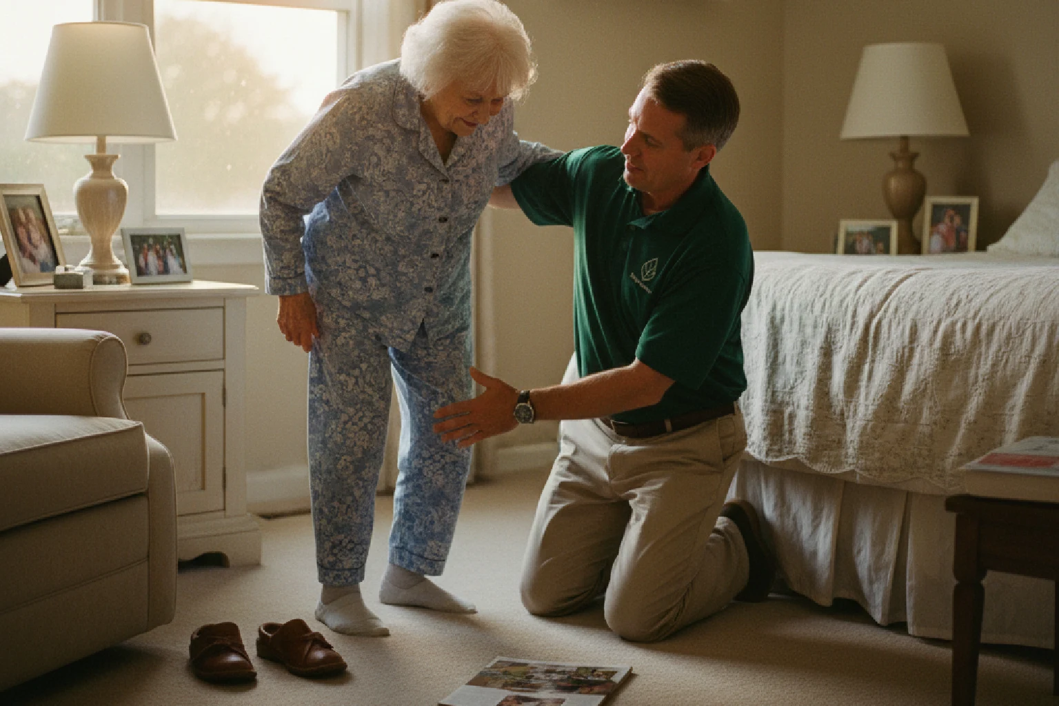 SafelyYou caregiver helping a resident in a bedroom after a possible fall.