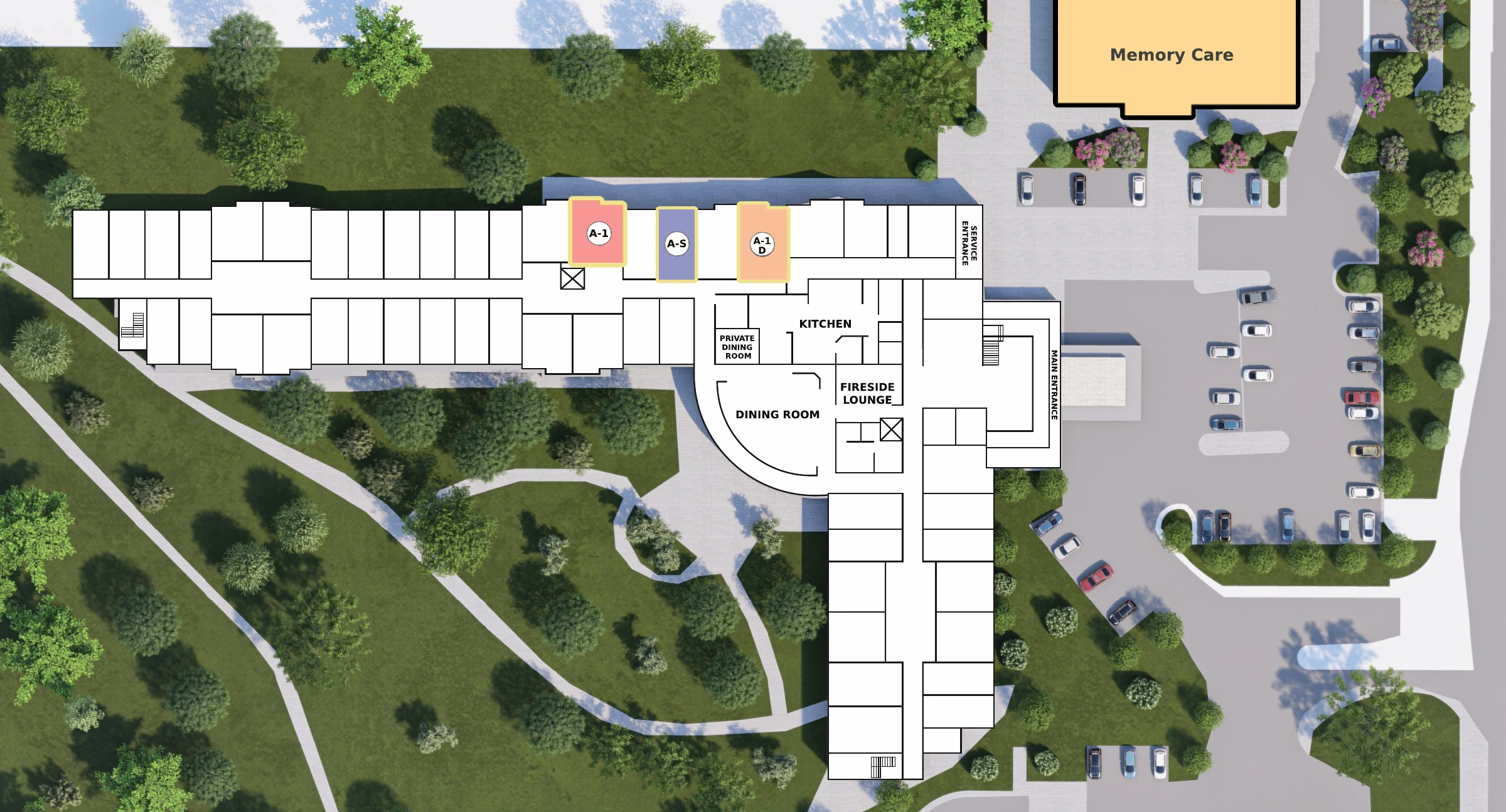 Stage-owned rendered site plan of Gardens at Columbine assisted living, first floor